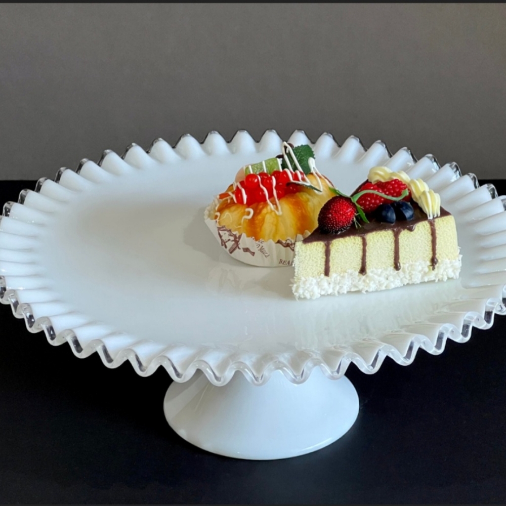 Fenton Silvercrest 13 Inch Pedestal Cake Stand/Plate, Milk Glass w/ Ruffled Edge